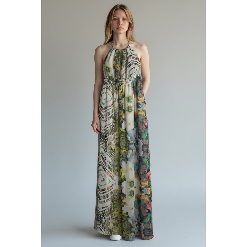 Rhyme Los Angeles Womens Halter Maxi Dress Tropical Geometric Print Small F3619